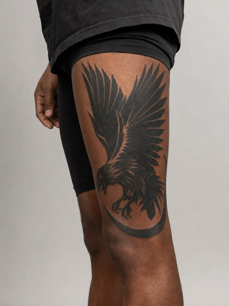 Blackwork raven thigh tattoo - angular raven with spread wings and a crescent of negative space