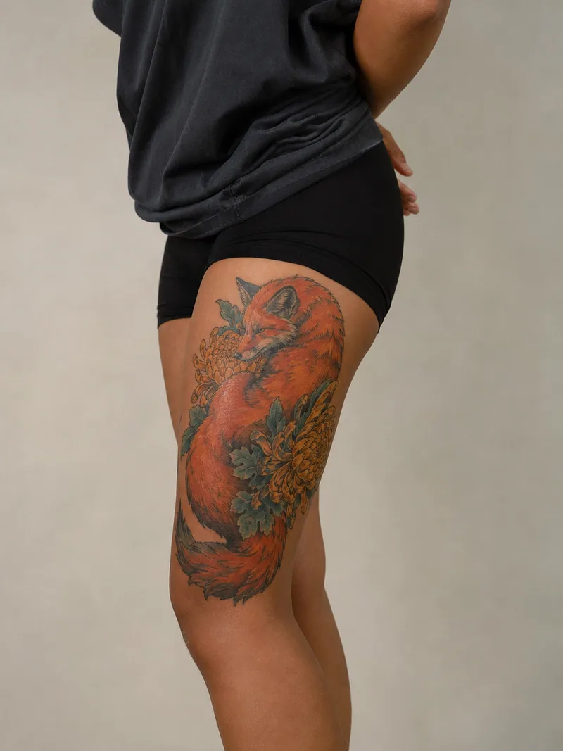 Fox and chrysanthemum thigh tattoo - curled fox surrounded by chrysanthemums in warm neo-traditional colour