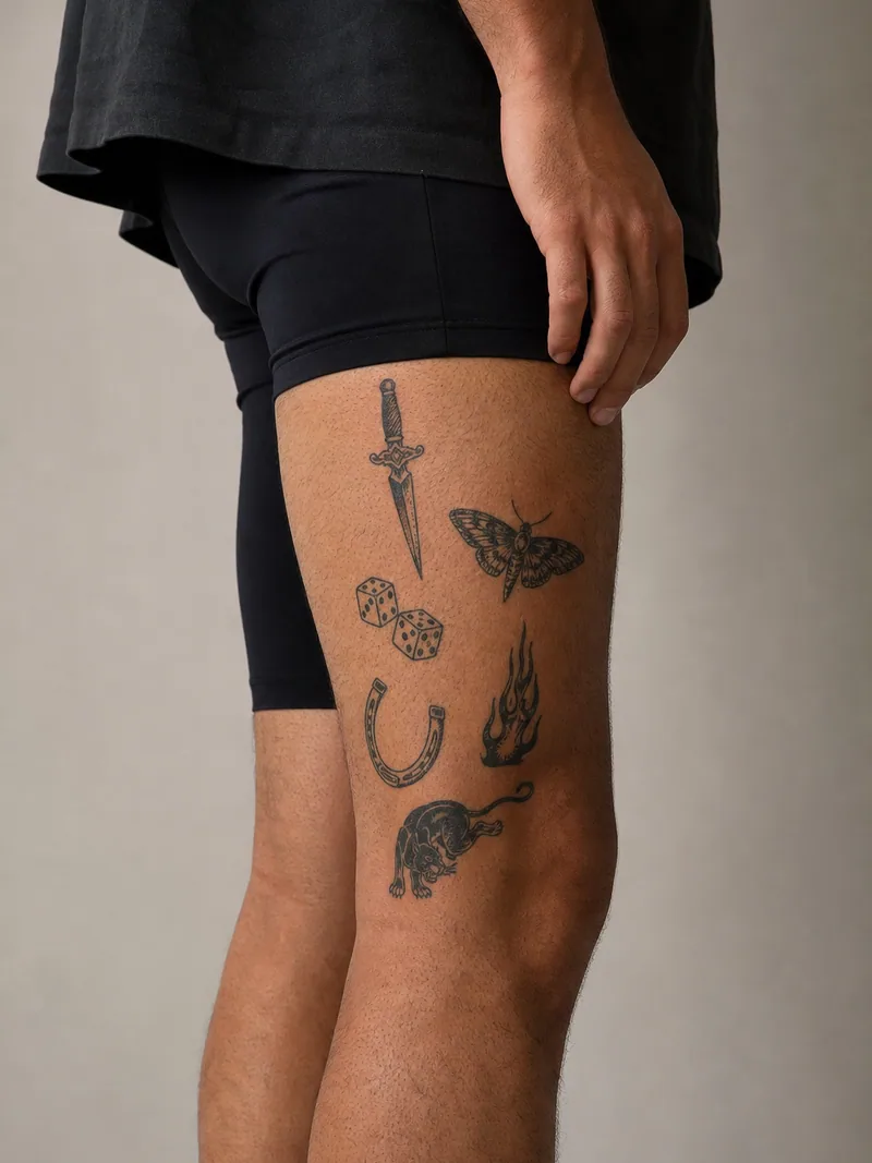 Patchwork thigh tattoos - dagger, moth, dice, horseshoe, flame and panther arranged with open spacing