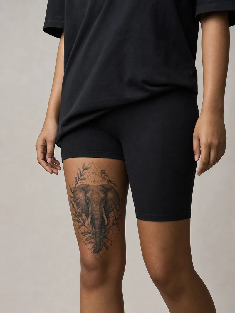 Elephant thigh tattoo - realistic elephant framed by leaves and subtle geometric facets