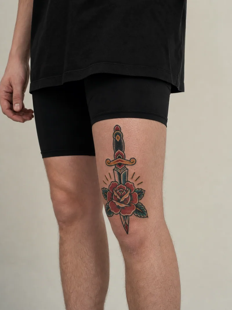 Dagger and rose thigh tattoo - classic dagger piercing a red rose with bold outlines and small rays
