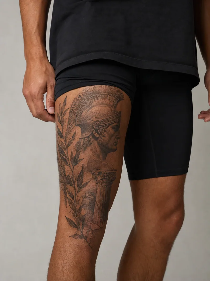Greek warrior thigh tattoo - marble warrior profile, broken column and laurel fitted as a vertical panel