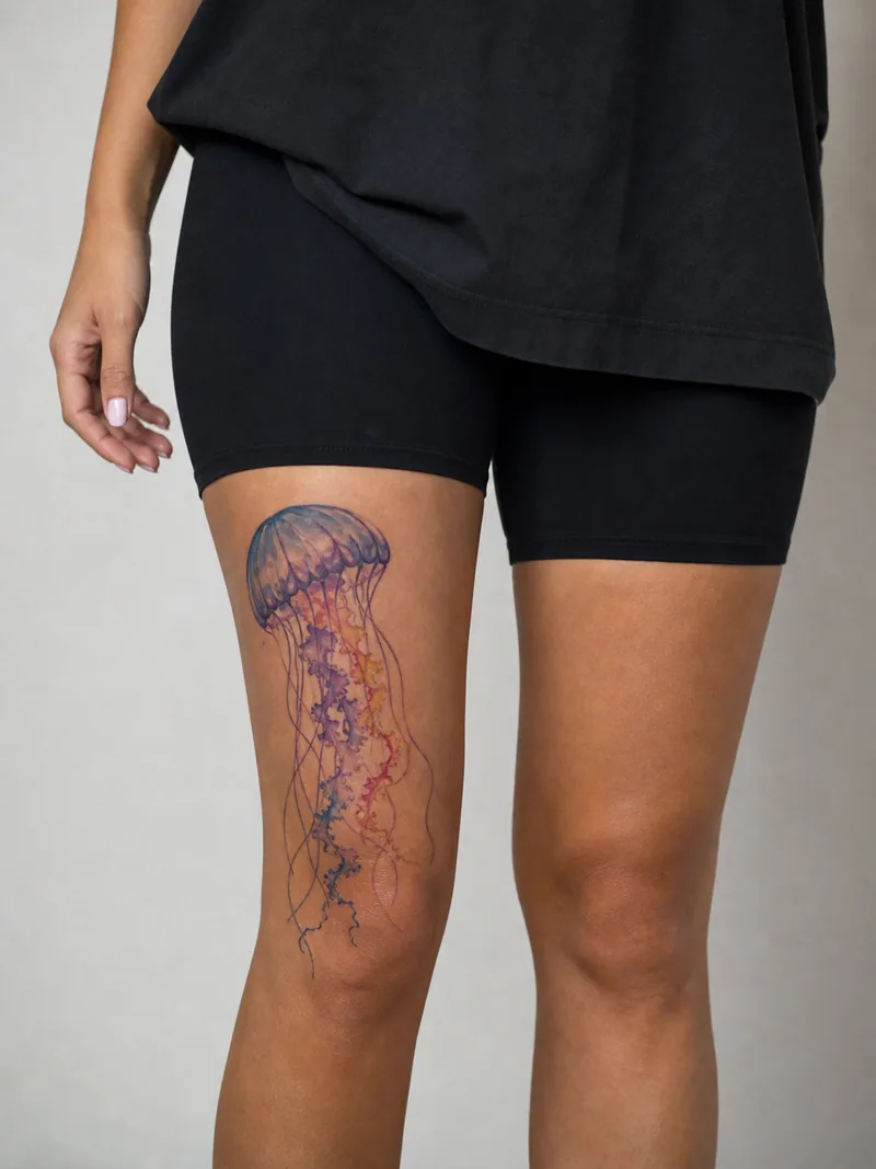 Watercolor jellyfish thigh tattoo - floating jellyfish with translucent colour and crisp fine-line structure