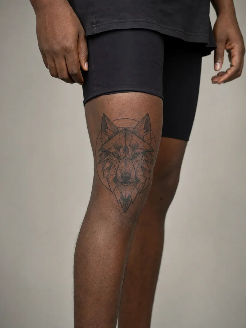 Geometric wolf thigh tattoo - wolf head built from angular planes and dotwork inside a circular frame