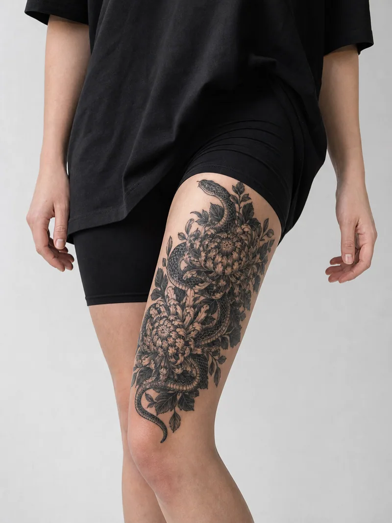 Snake cover-up thigh tattoo - dense snake and chrysanthemum composition designed to cover older faded ink