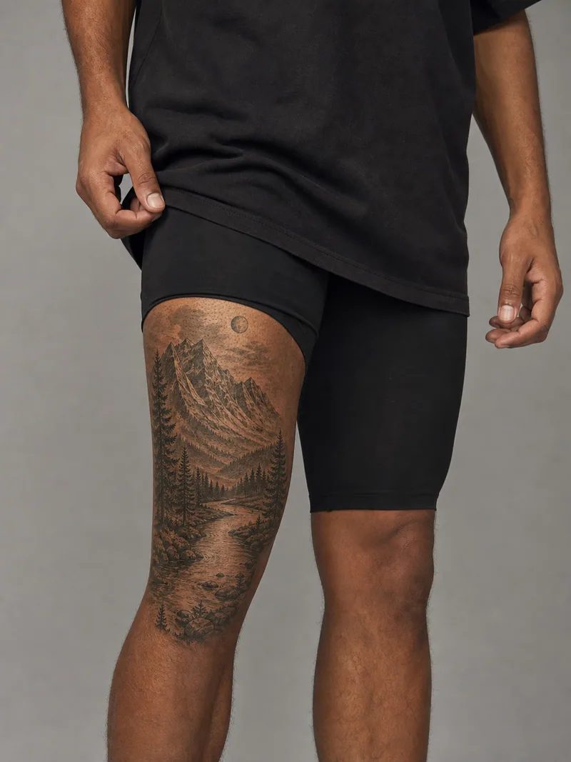 Mountain landscape thigh tattoo - mountains, pine forest, river bend and moon rendered in engraving texture