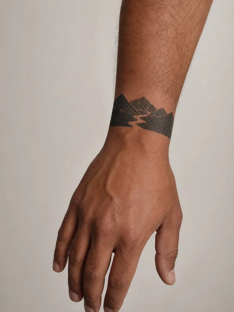 Mountain wrist band tattoo - bold mountain silhouette wrapped into a clean landscape band