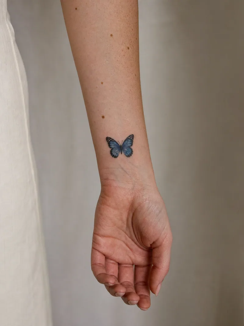 Blue butterfly wrist tattoo - small blue butterfly centred above the wrist crease with crisp wing detail