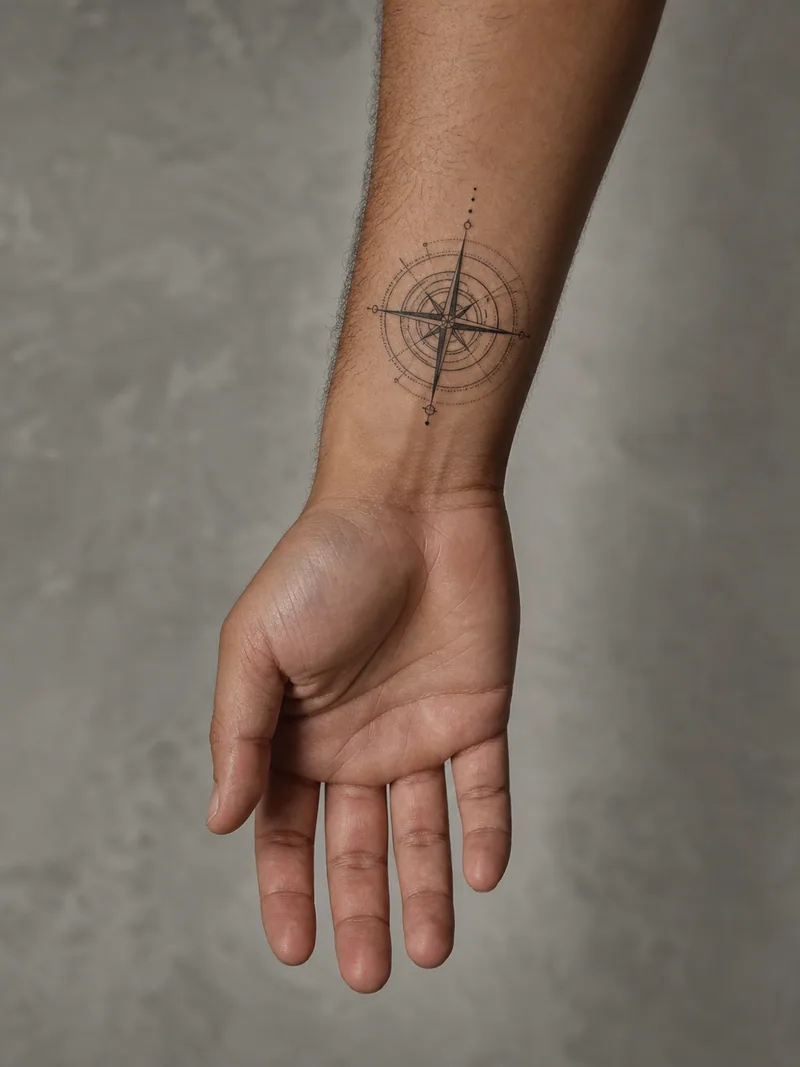 Geometric compass wrist tattoo - precise compass point framed by restrained line geometry and dotwork