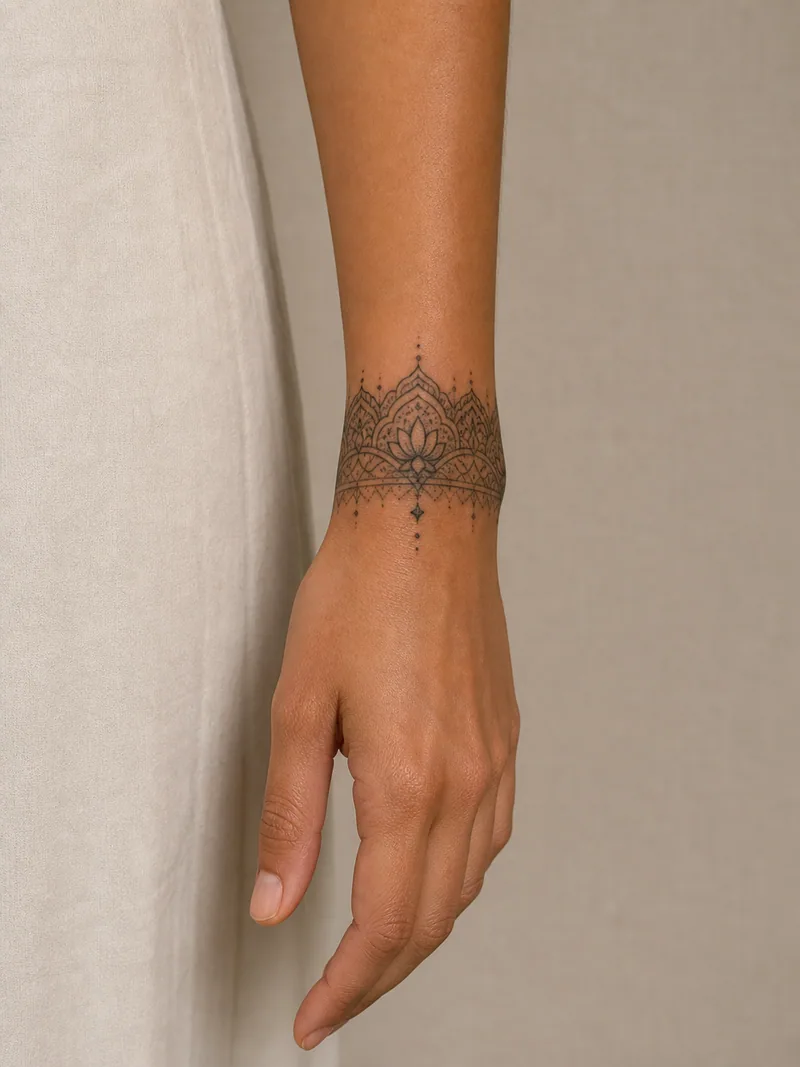 Ornamental wrist cuff tattoo - lace-inspired cuff with symmetrical filigree and soft dotwork edges