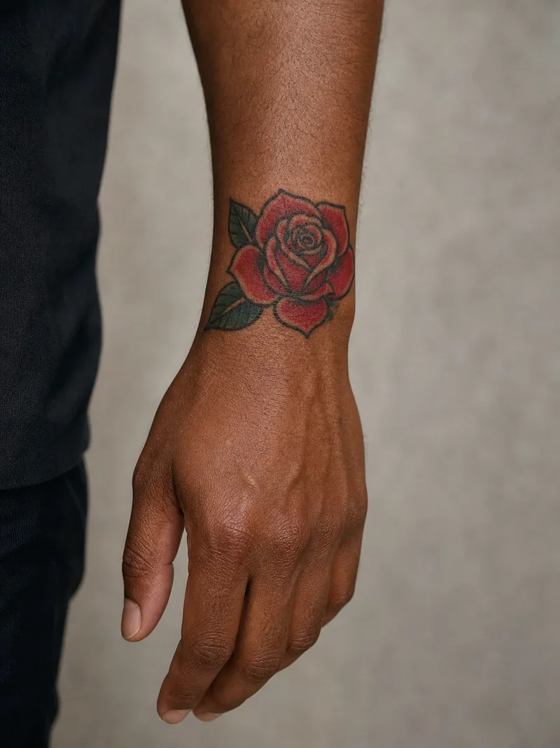 Traditional rose wrist tattoo - classic red rose with bold outlines and compact green leaves