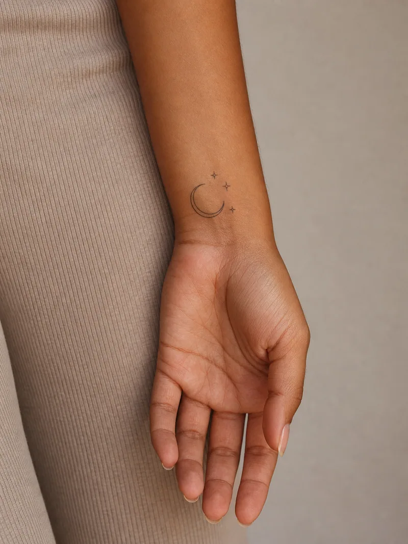 Crescent moon wrist tattoo - fine crescent moon balanced by a small trail of stars and dots