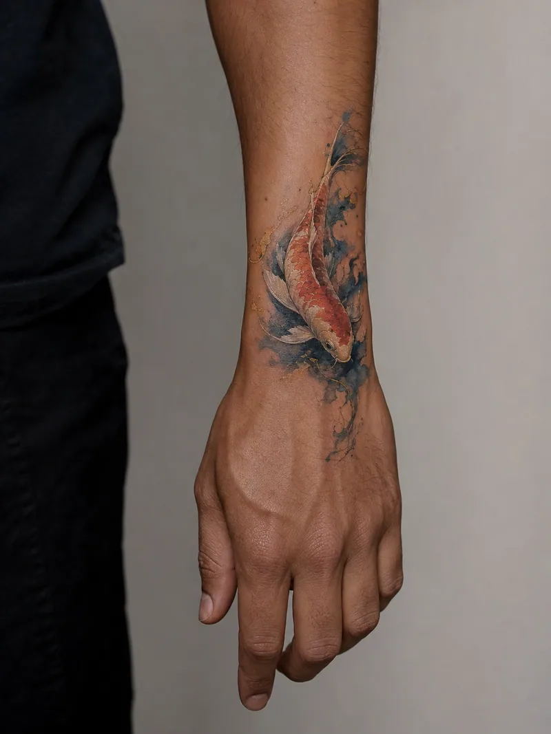 Watercolor koi wrist tattoo - koi fish sweeping toward the hand through restrained painterly colour