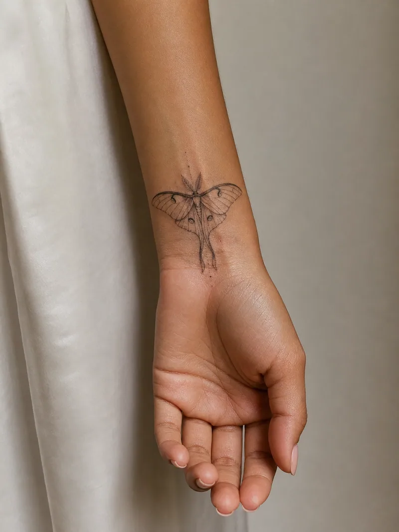 Fine line moth wrist tattoo - delicate luna moth resting across the wrist crease with light dotwork