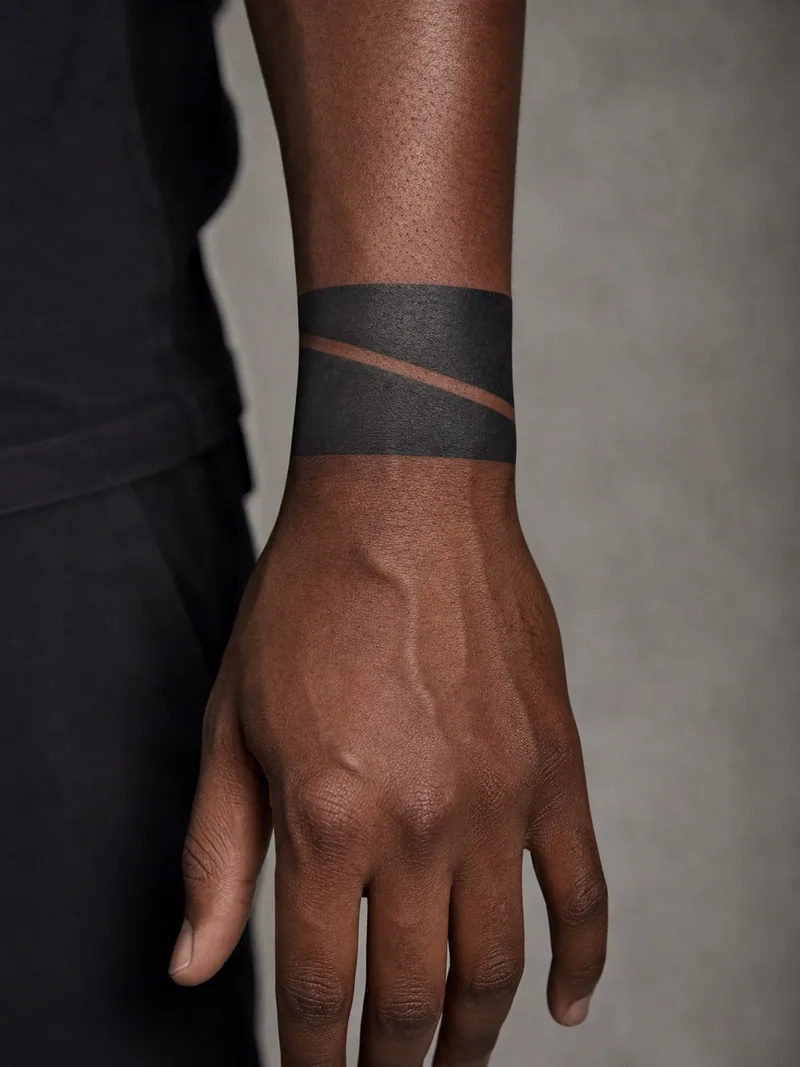 Negative space wrist band tattoo - two bold black bands separated by a sharp diagonal skin break
