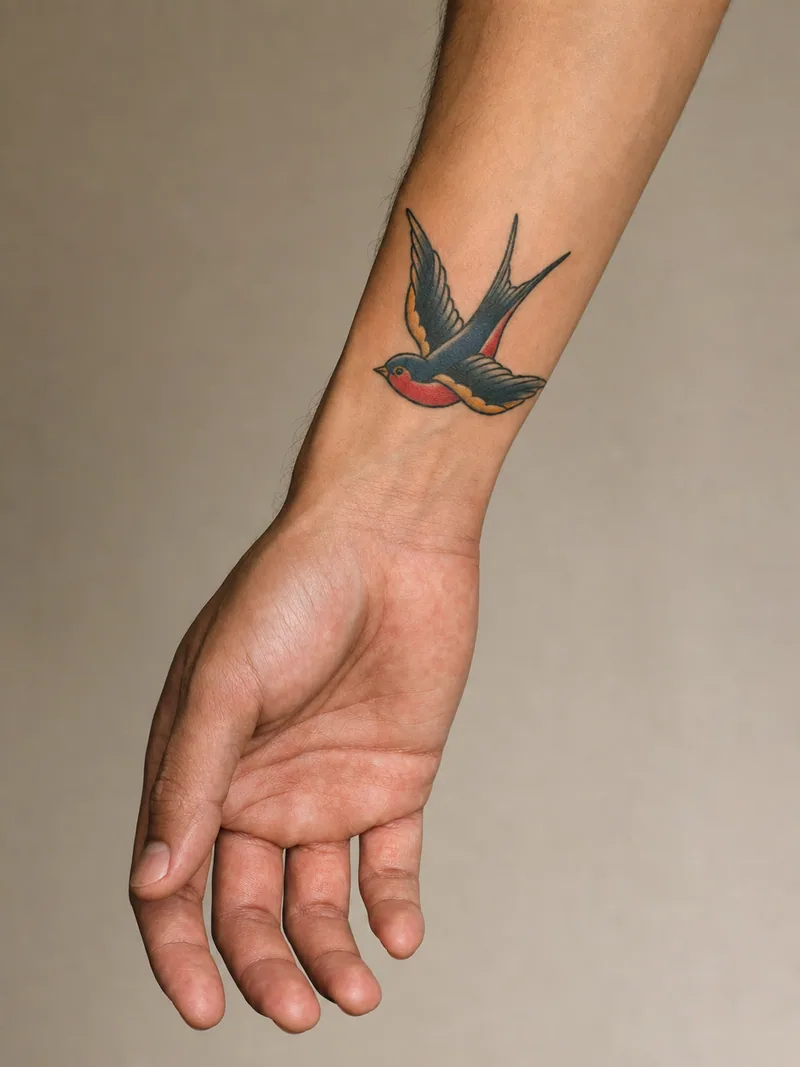 Traditional swallow wrist tattoo - classic flying swallow composed to follow the lower forearm toward the hand