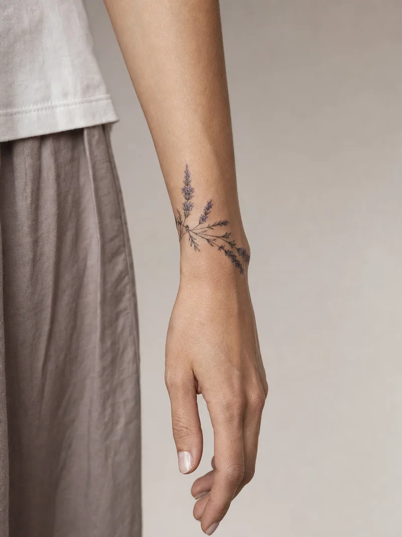 Lavender wrist tattoo - delicate lavender stems wrapping diagonally around the wrist