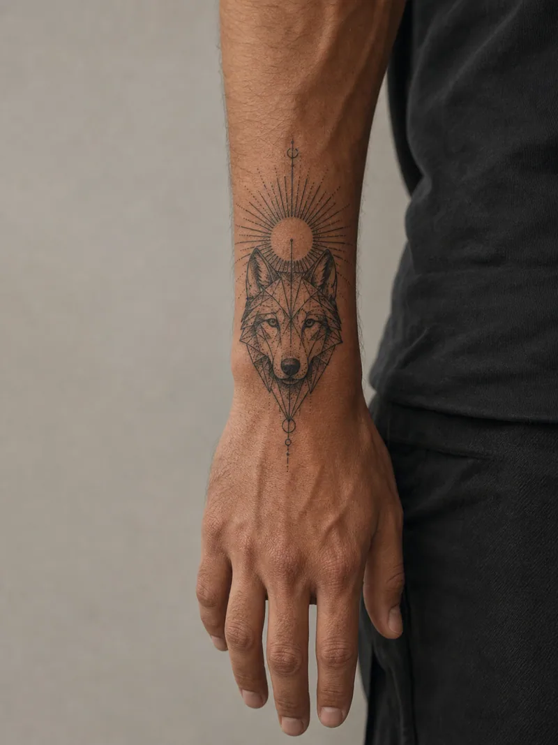 Geometric wolf wrist tattoo - faceted wolf head aligned below a precise radiant sunburst