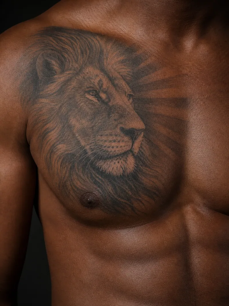 Lion chest tattoo - a detailed lion portrait with the mane shaped to follow the chest contour