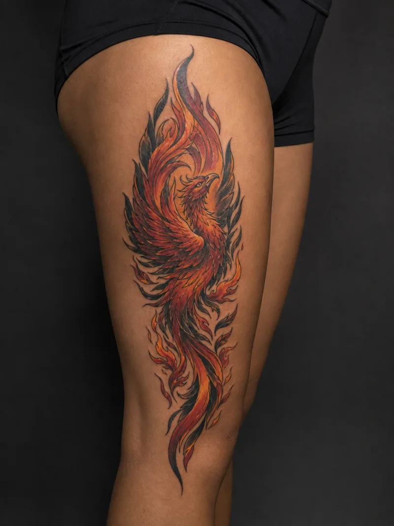 Phoenix thigh tattoo - a rising phoenix arranged as a tall flame-shaped composition