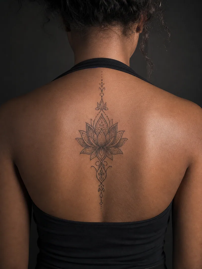 Ornamental lotus tattoo - a symmetrical lotus extended by tapered lace-like geometry
