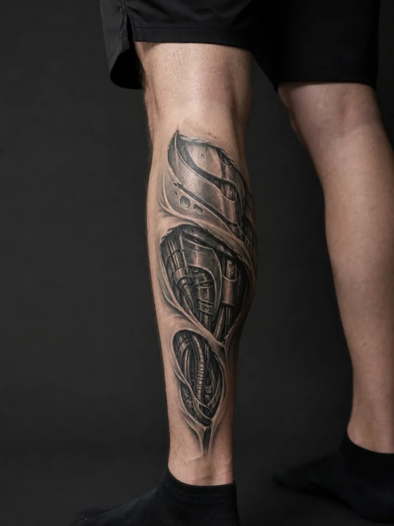Biomechanical calf tattoo - layered mechanical forms opening into organic cable shapes