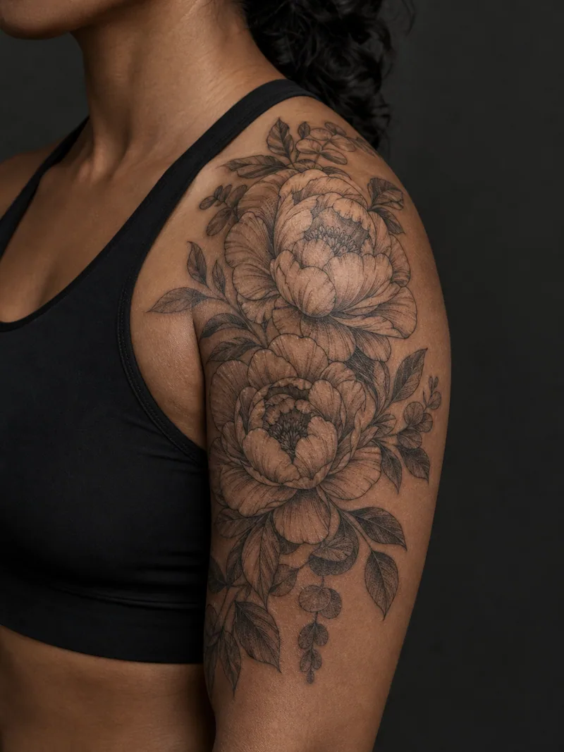 Peony shoulder tattoo - two large peonies and eucalyptus leaves wrapping over the shoulder cap