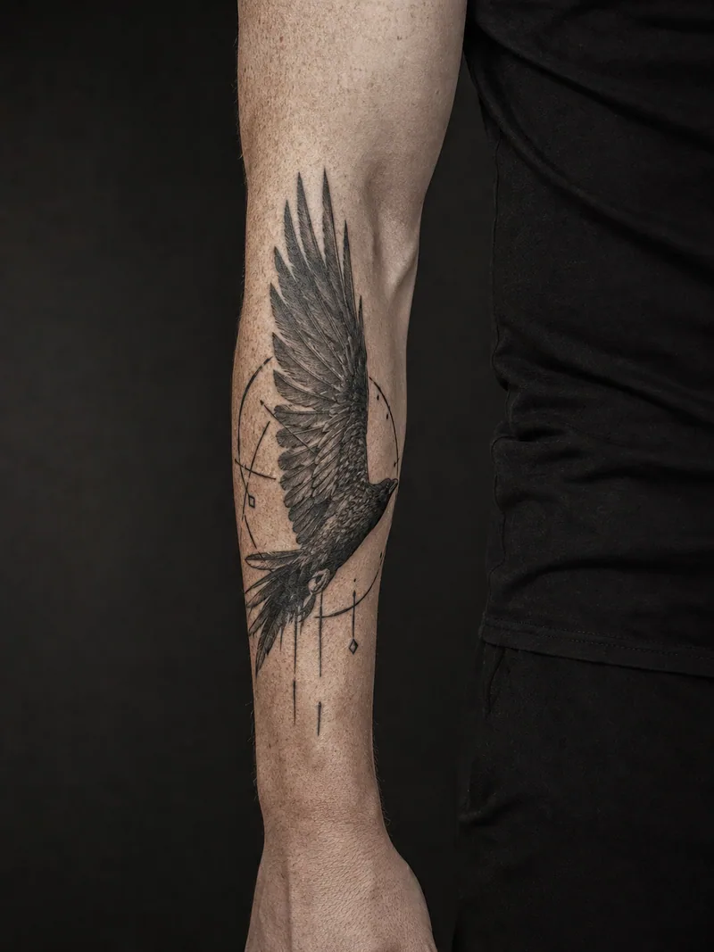 Raven forearm tattoo - a raven in flight framed by a broken geometric circle