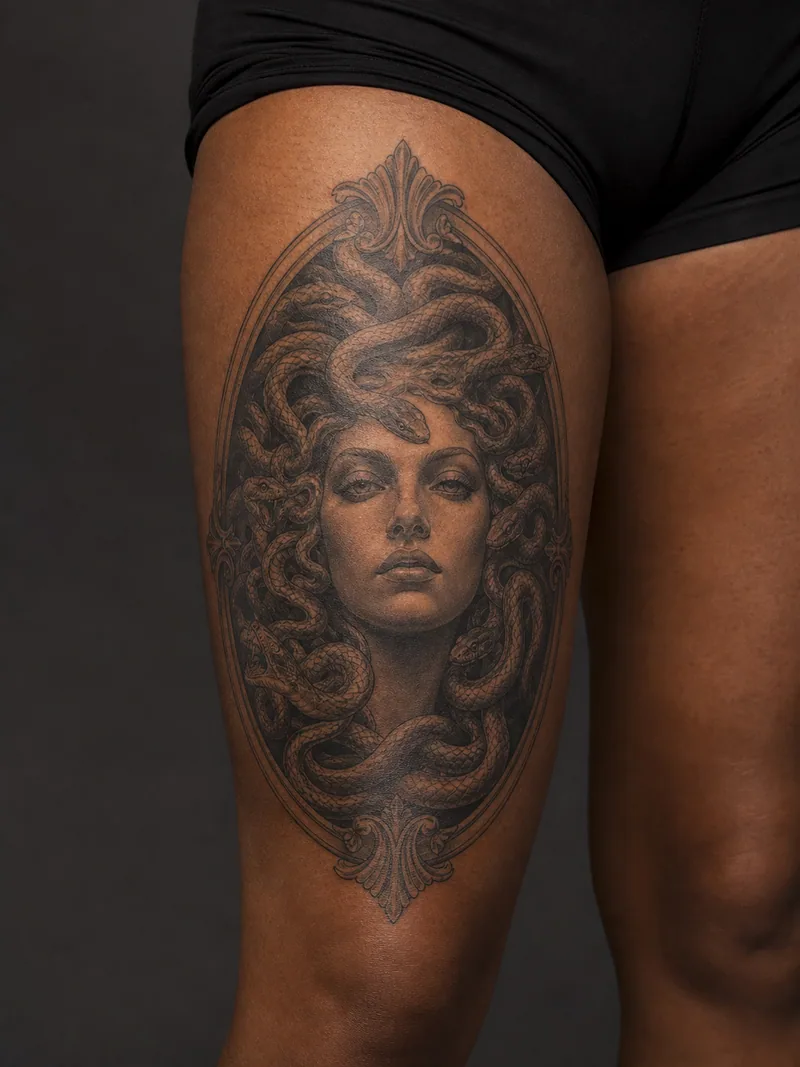 Medusa thigh tattoo - a calm classical portrait framed by snakes and an oval ornament