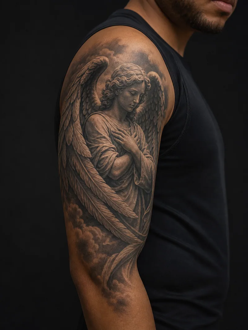 Guardian angel tattoo - a calm stone-like angel surrounded by folded wings and soft cloud shading