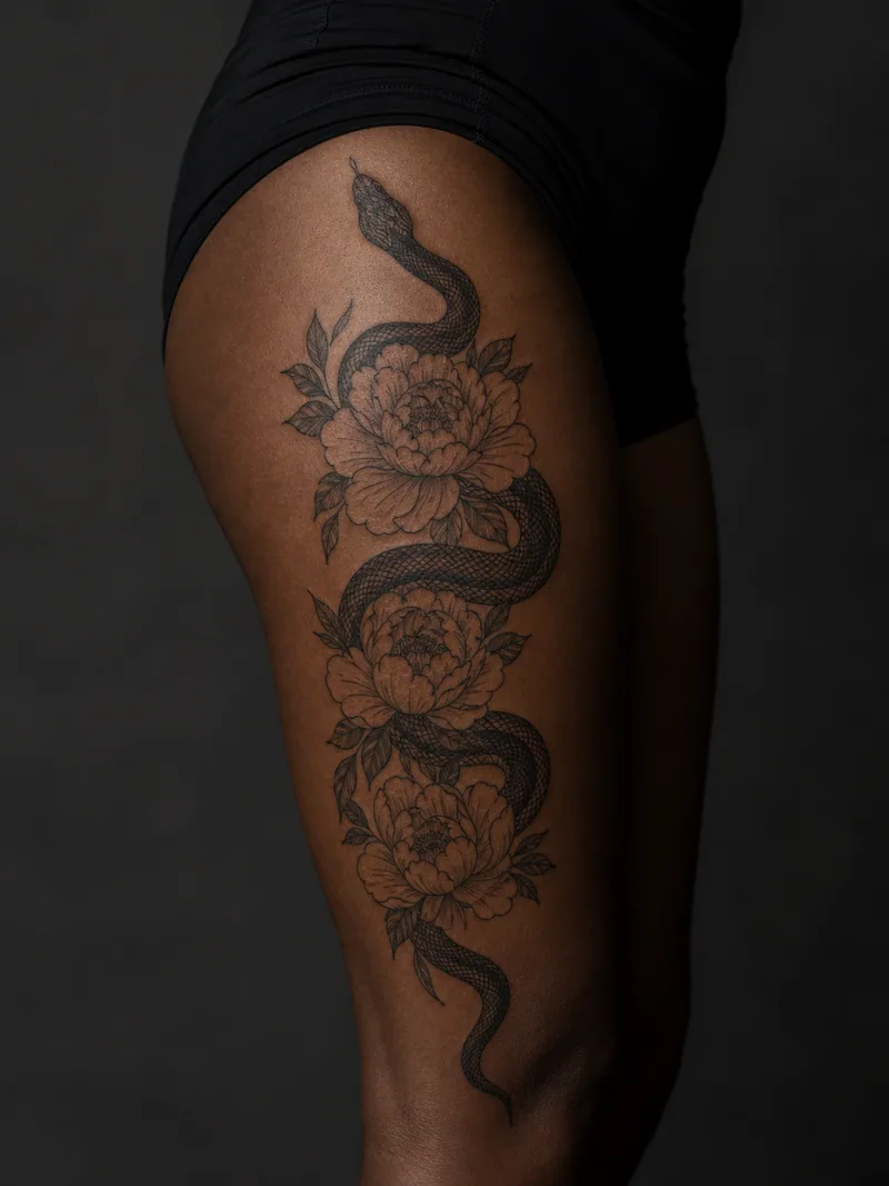 Snake and peonies tattoo - a strong S-curve snake weaving through three peony blooms