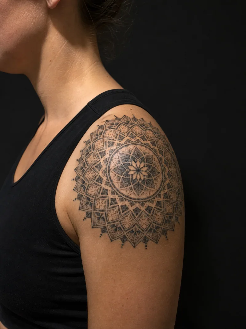 Mandala shoulder tattoo - a precise radial mandala following the natural curve of the deltoid