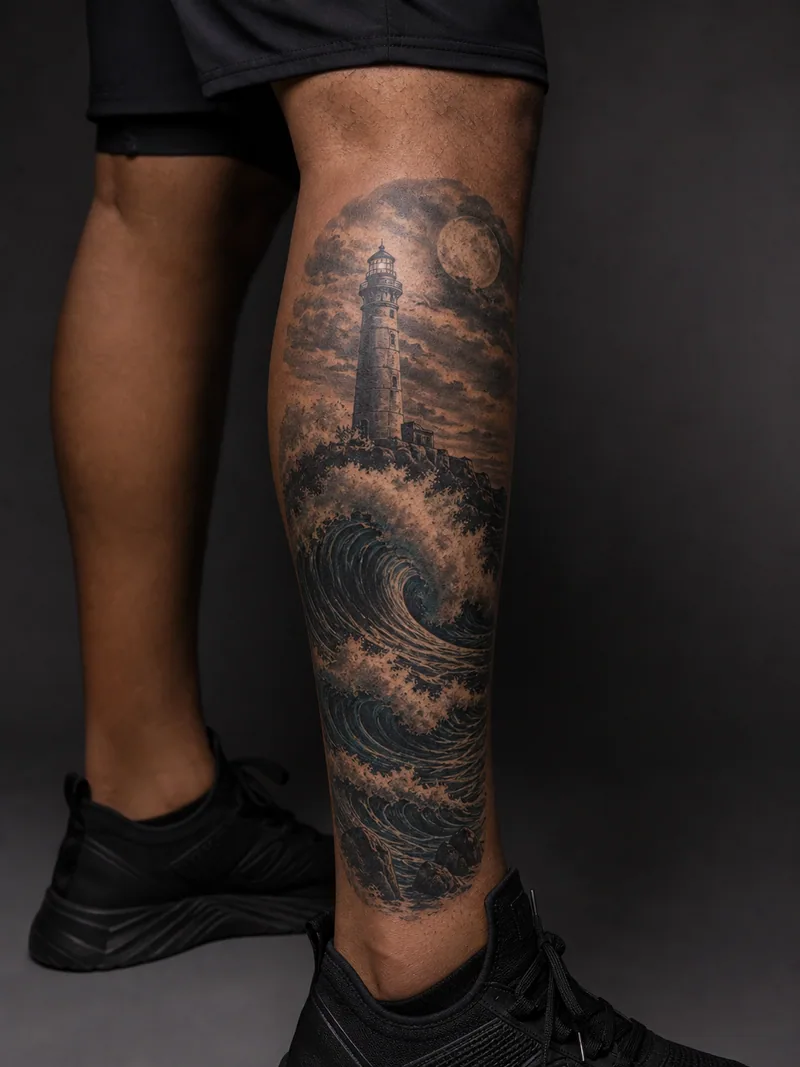 Lighthouse calf tattoo - a lighthouse rising above layered storm waves beneath a distant moon