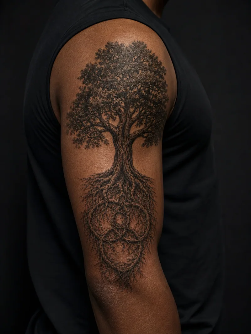 Family tree tattoo - an old oak with a broad canopy and three interlocking circles among the roots