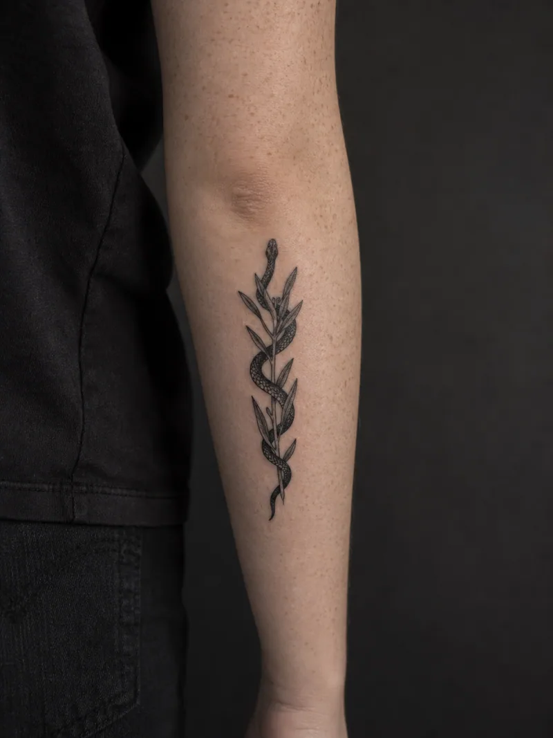 Snake and sage tattoo - a slender snake winding around a single sage sprig with open negative space