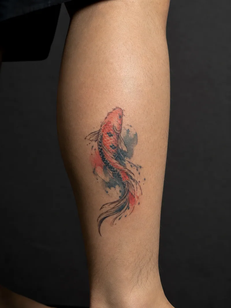 Watercolor koi tattoo - an upward swimming koi finished with controlled coral and indigo brushwork
