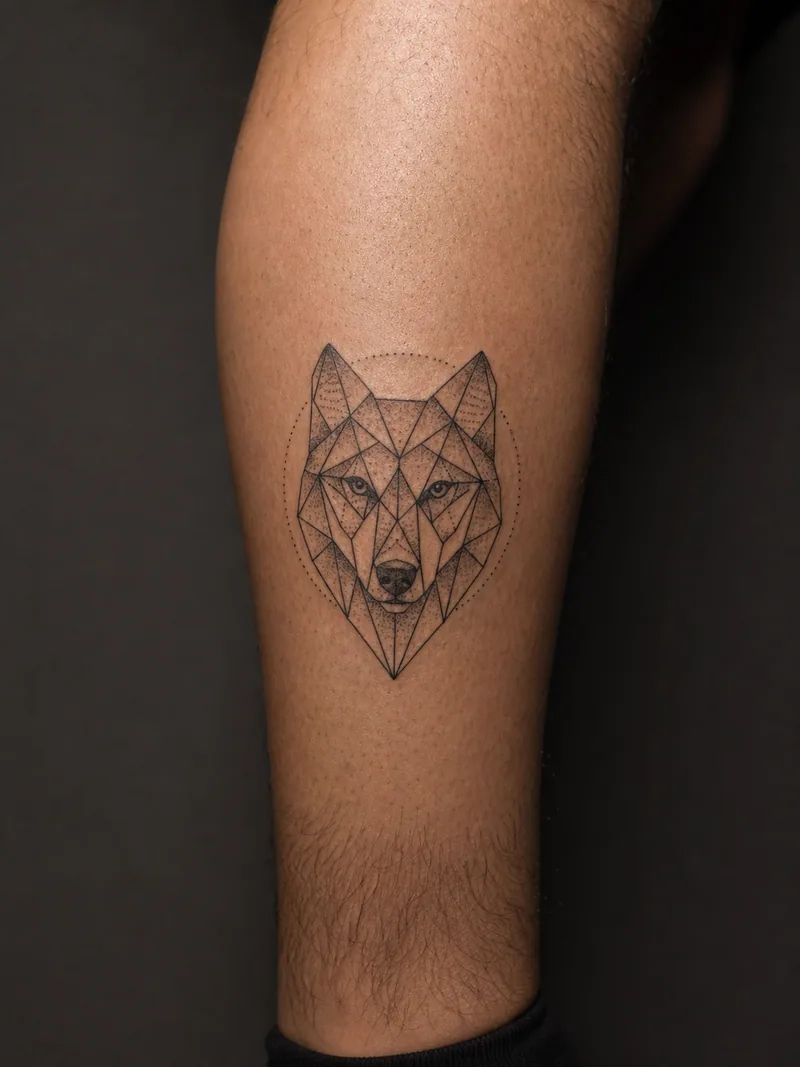 Geometric wolf tattoo - a faceted wolf portrait built from clean angular linework
