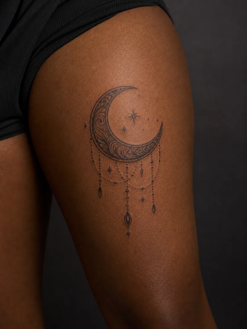 Ornamental moon tattoo - a patterned crescent with delicate bead drops and one small star