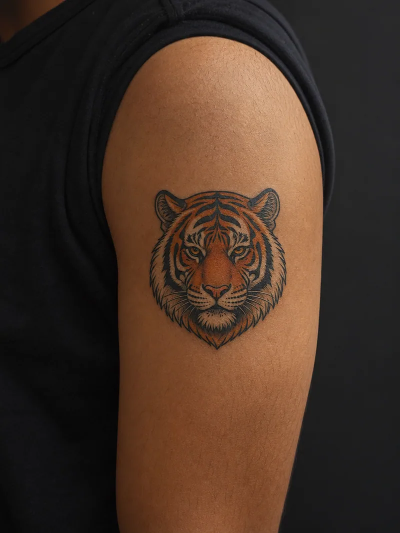Neo-traditional tiger tattoo - a compact tiger head with bold outlines and a direct forward gaze