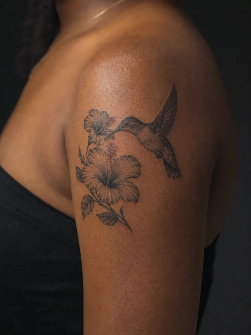 Hummingbird tattoo - a hovering hummingbird meeting two softly shaded hibiscus blooms