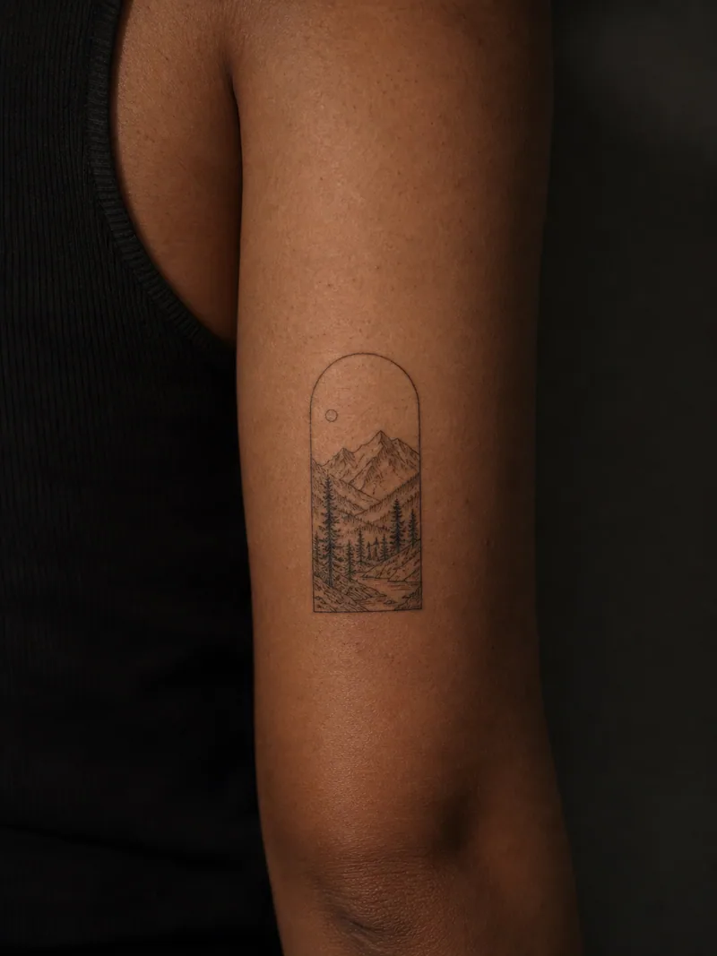 Mountain landscape tattoo - a mountain valley and pine trees framed inside a narrow vertical arch