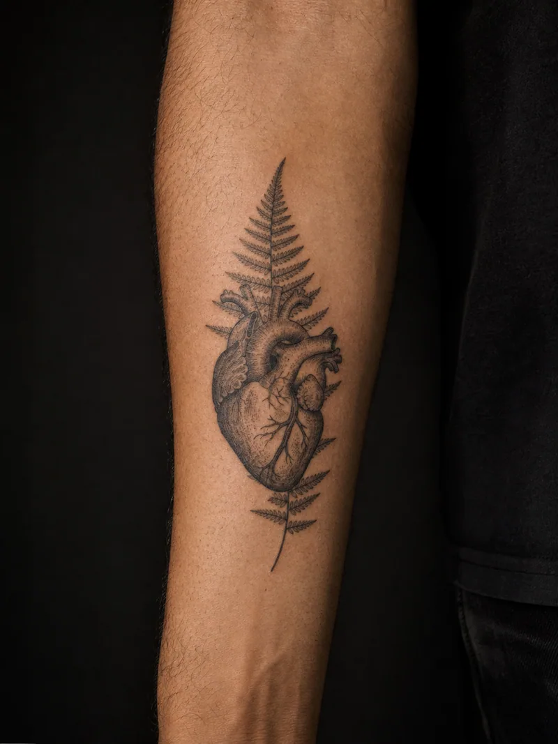 Anatomical heart tattoo - an engraved anatomical heart layered over one crisp fern frond