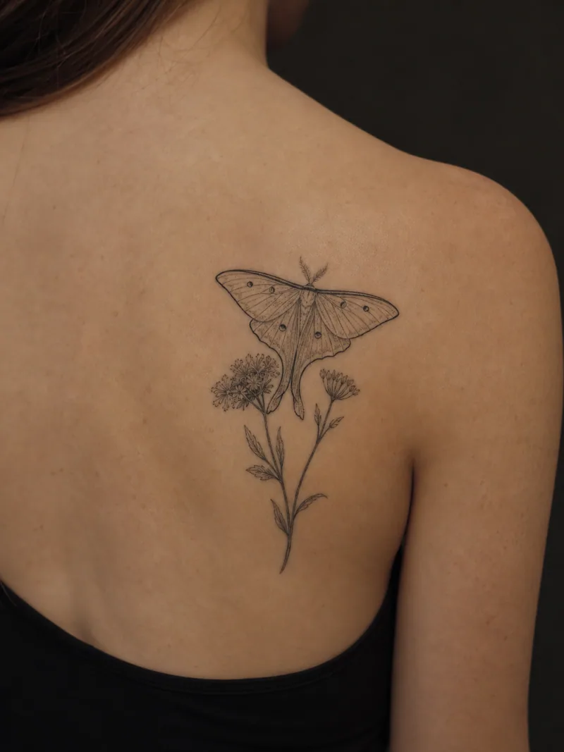 Luna moth tattoo - a luna moth resting above a light arrangement of wildflowers