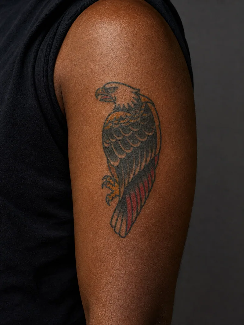 Traditional eagle tattoo - a profile eagle with folded wings shaped into a compact vertical emblem