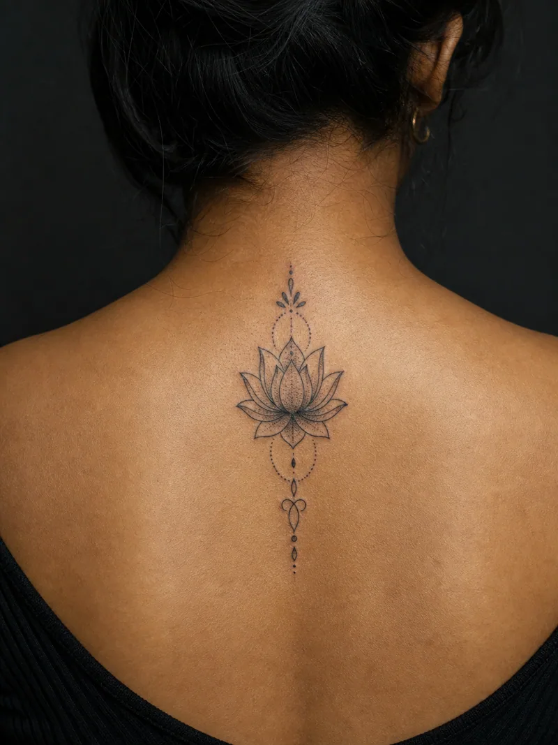 Lotus spine tattoo - a centered lotus extended by balanced geometry and delicate dot shading