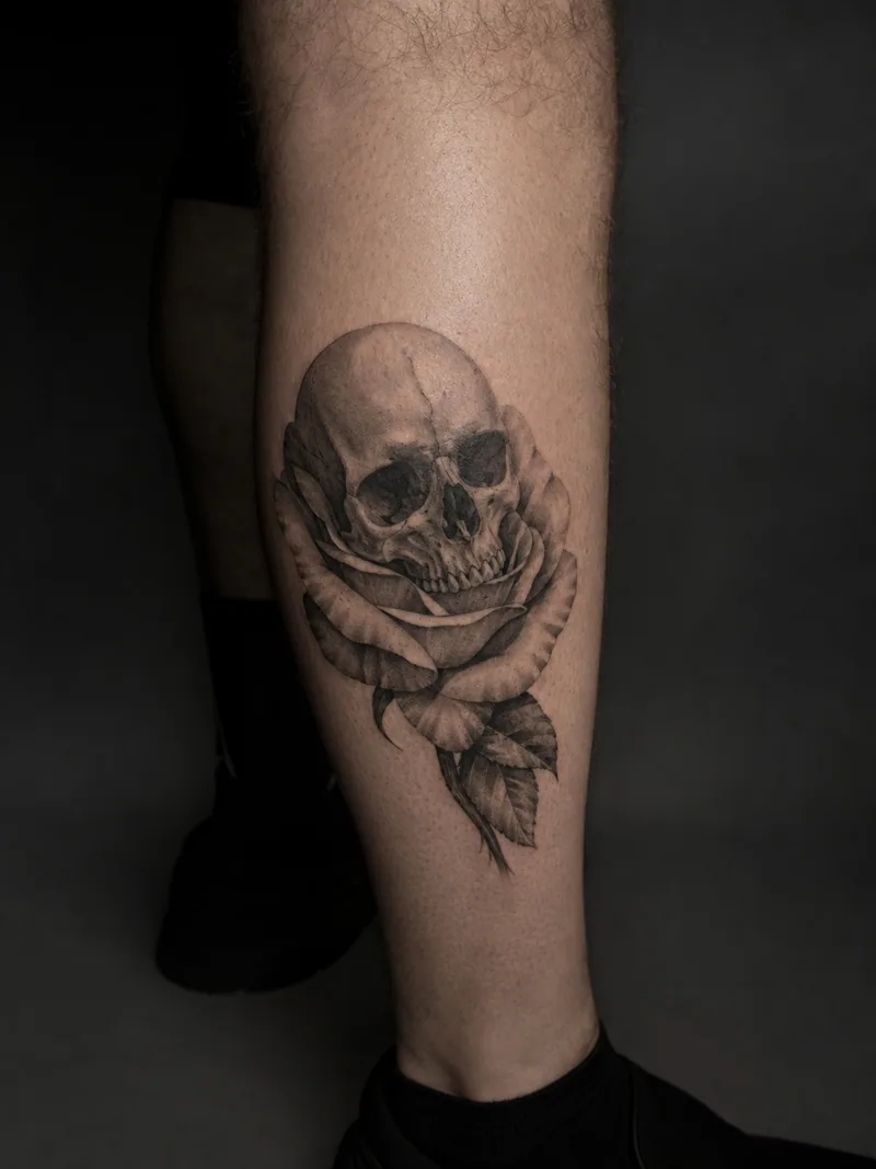 Skull and rose tattoo - a non-graphic skull emerging from a single rose in a strong diagonal layout