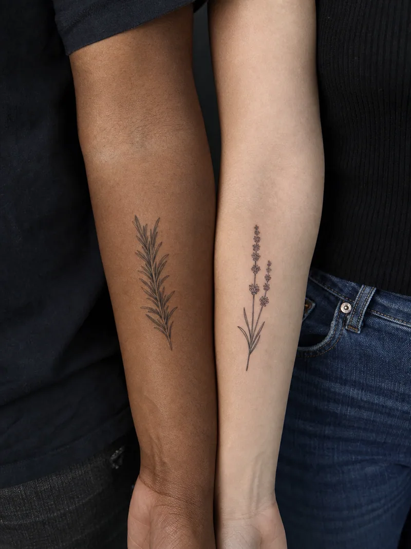 Matching botanical tattoos - coordinated rosemary and lavender sprigs designed as a balanced pair