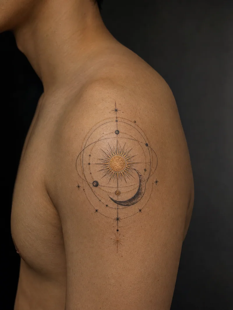 Celestial shoulder tattoo - a sun and crescent connected by precise orbital arcs and sparse stars