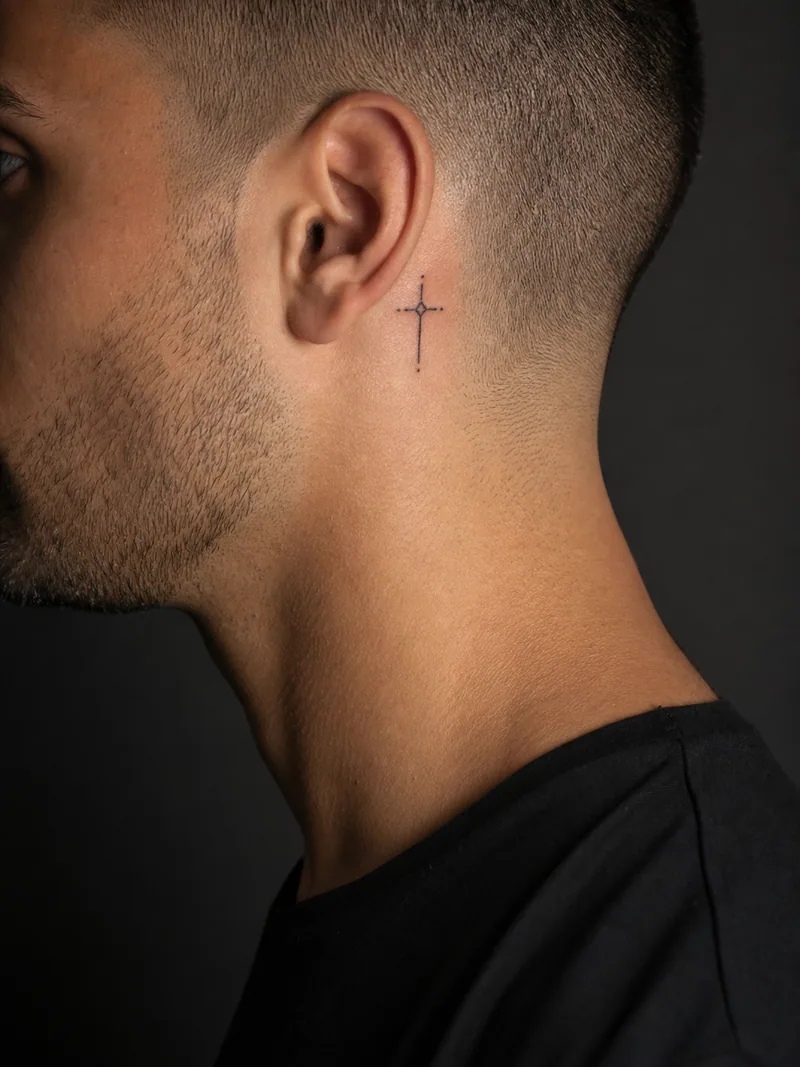 Tiny cross tattoo - small cross built from clean straight lines behind the ear