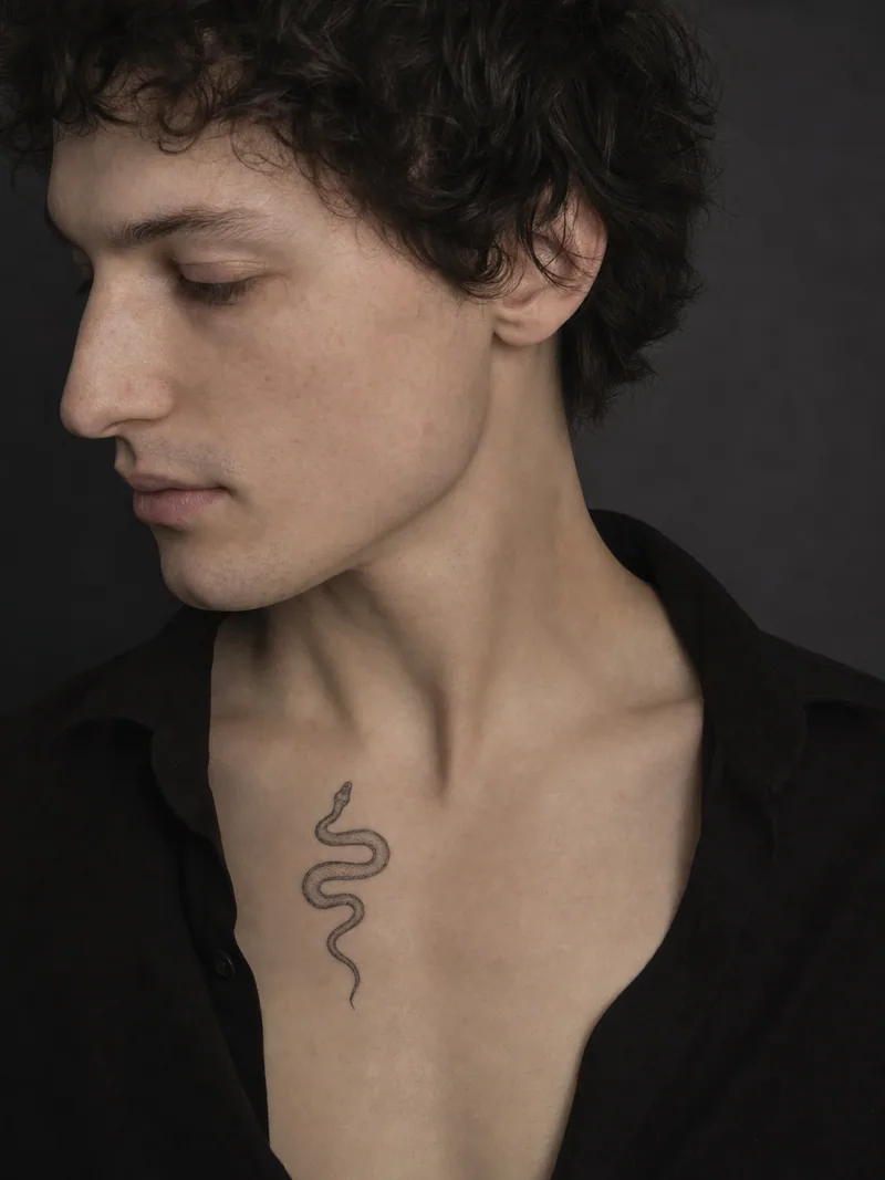 Small snake tattoo - slender snake forming a loose S curve below the collarbone